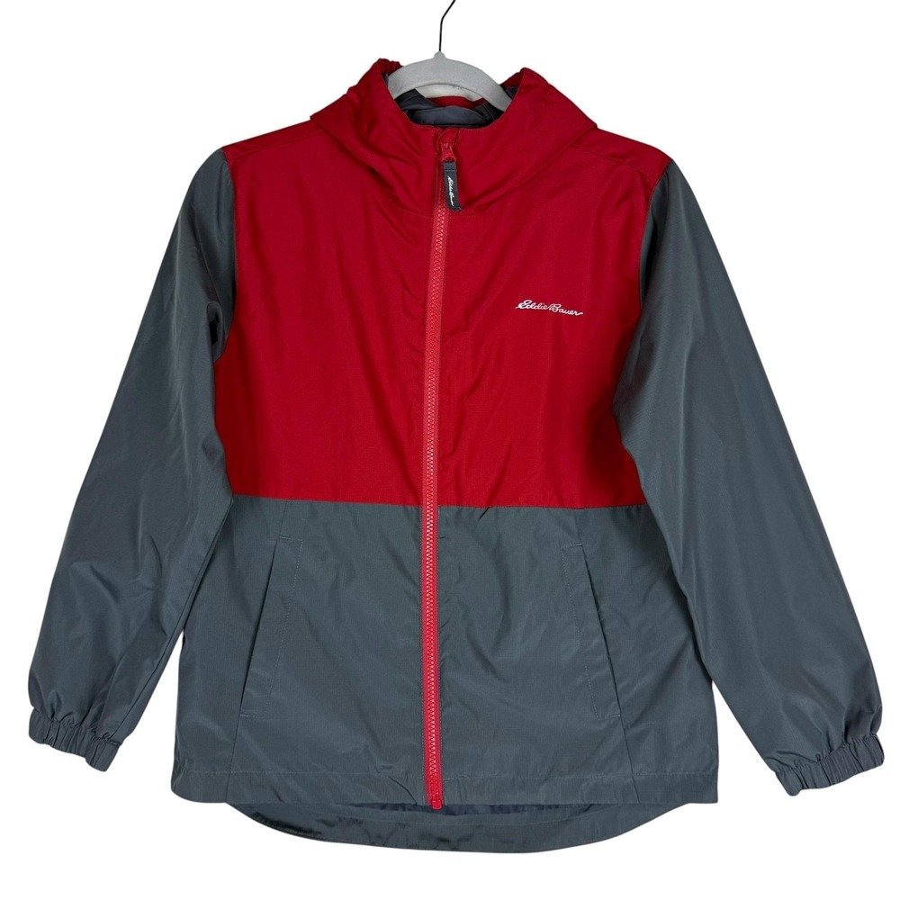 Eddie Bauer Jacket Kids 10/12 Red Gray Hooded Windbreaker Zip Pockets Logo